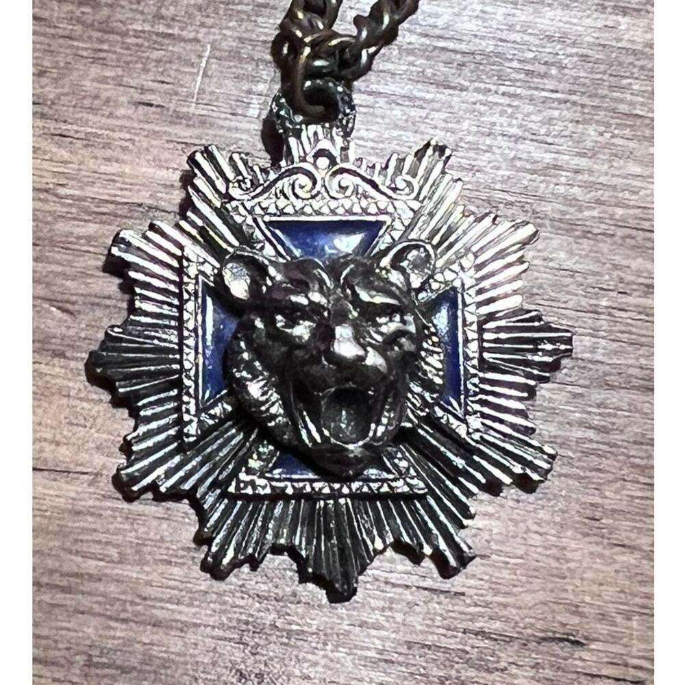Vintage Roaring Tiger Pendant Necklace Blue Maltese Cross Silver Unsigned Unique